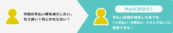 次回の支払い額を減らしたい。もう遅い？何とかならない？MyJCBなら！支払い金額が確定した後でも「リボ払い・分割払い・スキップ払い」に変更できた！